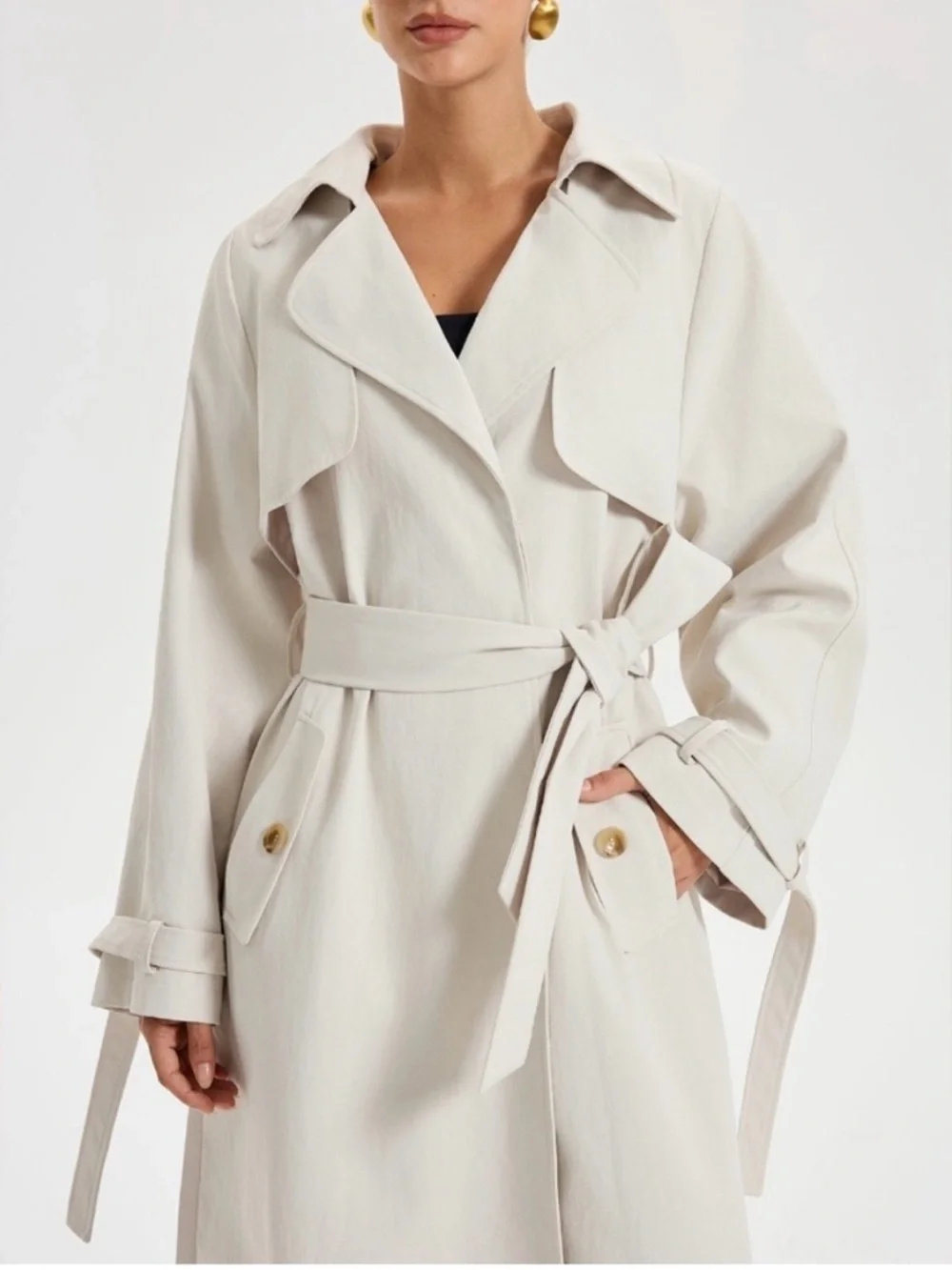 Commense Cream Pleated-Back Trench Coat with Self-Tie Belt - Picture 2 of 5